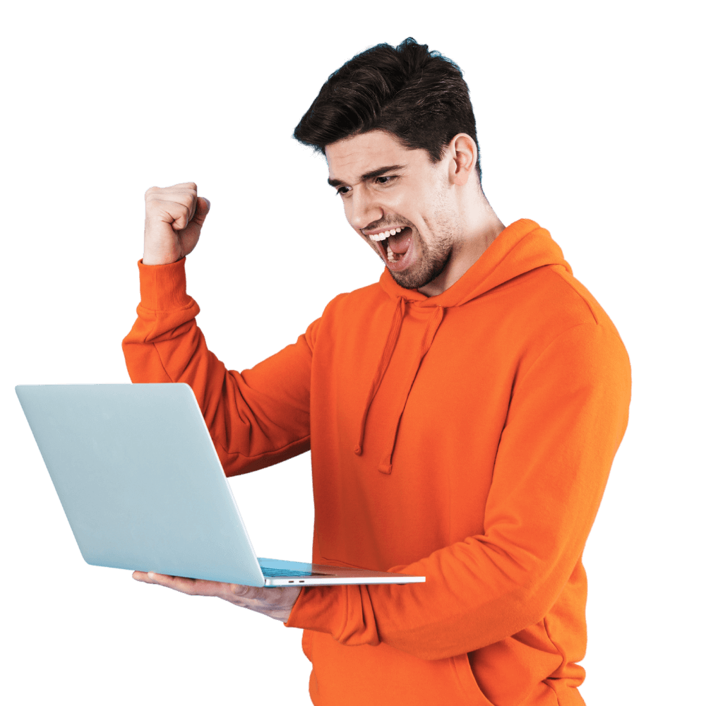 happy man holding laptop