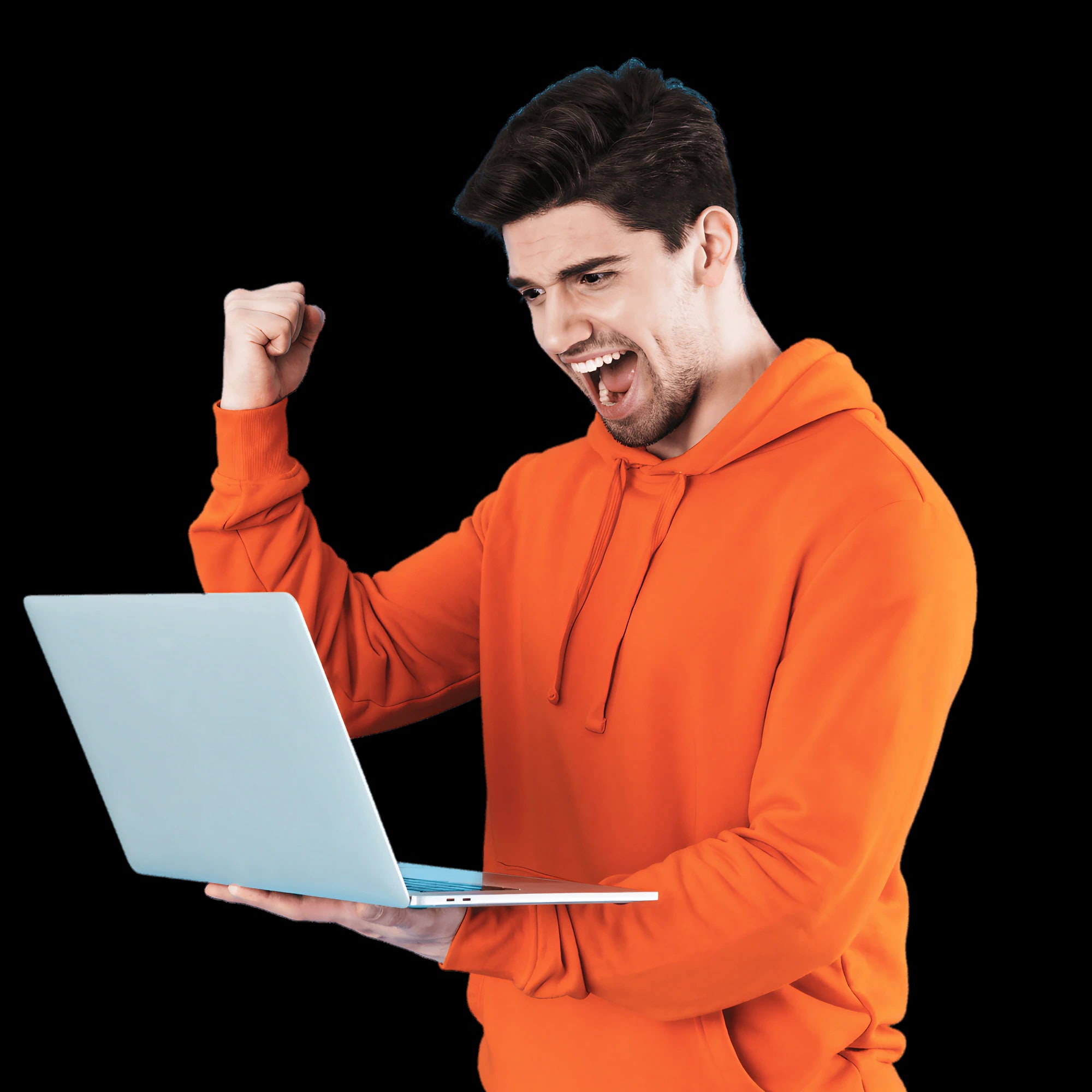 happy man holding laptop